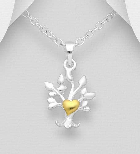 925 Sterling Silver Tree of Life Pendant & Chain, Heart Plated with 18K Yellow Gold