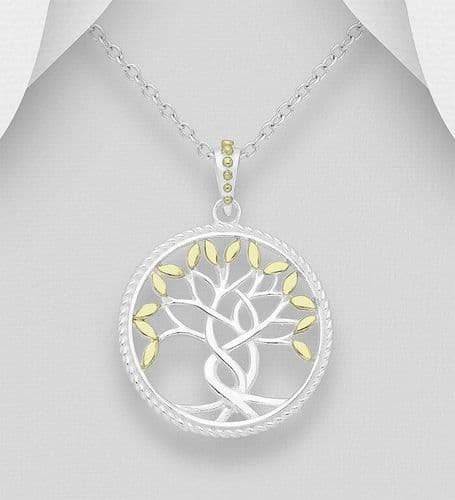 925 Sterling Silver Tree of Life Pendant & Chain, Leaves Plated with 18K Yellow Gold