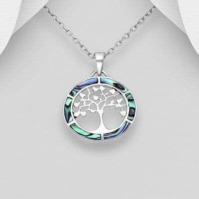 925 Sterling Silver Tree Of Life Pendant, Decorated with Abalone