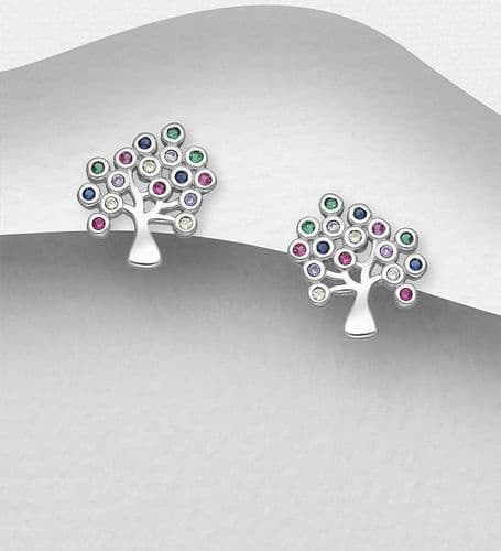 925 Sterling Silver Tree of Life Push-Back Earrings, Decorated with Colourful CZ Simulated Diamonds