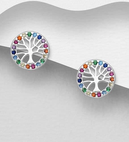 925 Sterling Silver Tree of Life Push-Back Earrings, Decorated with CZ Simulated Coloured Gem Stone