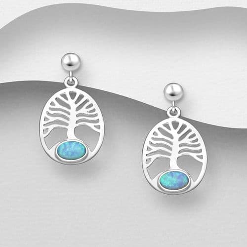 925 Sterling Silver Tree Of Life Push-Back Earrings Decorated With Lab-Created Opal