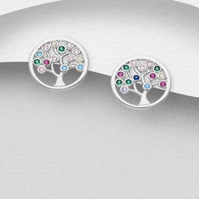 925 Sterling Silver Tree of Life Stud Earrings, Decorated with Colourful CZ Simulated Diamonds
