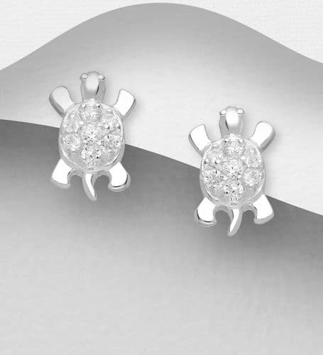 925 Sterling Silver Turtle Push-Back Earrings, Decorated with CZ Simulated Diamonds
