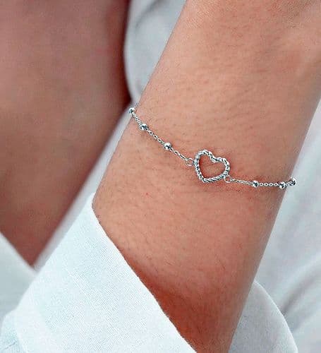 925 Sterling Silver Twisted Heart and Ball Bracelet