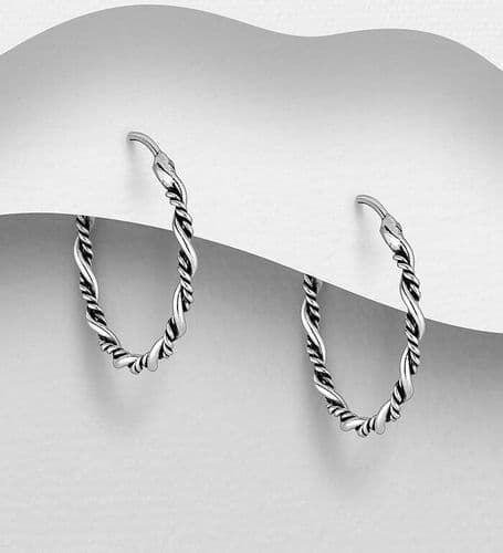 925 Sterling Silver Twisted Oxidised Hoop Earrings