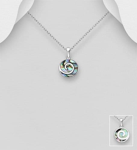 925 Sterling Silver Unique Spiral Wave Pendant & Chain with Abalone Shell Decoration