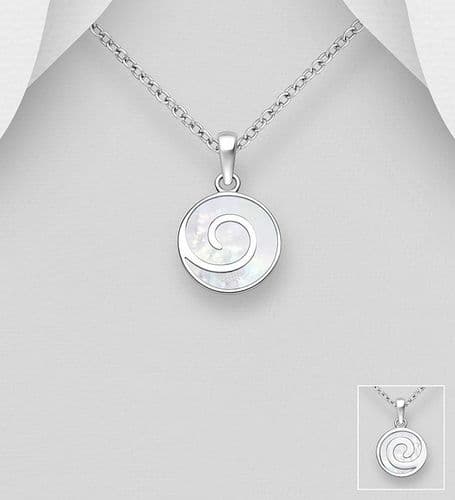 925 Sterling Silver Unique Spiral Wave Pendant & Chain with Mother of Pearl Shell Decoration