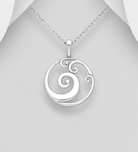 925 Sterling Silver Wave Pendant & Chain, Featuring Ocean Swirl Design