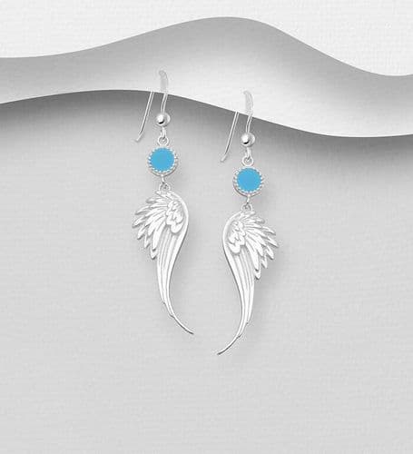 925 Sterling Silver Wings Hook Earrings, Decorated with Sky Blue Enamel