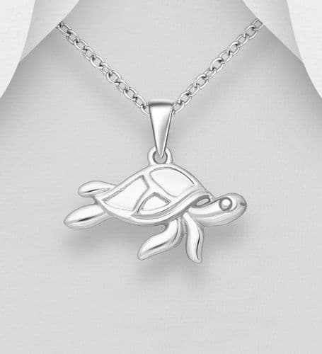A Charming 925 Sterling Silver Oxidized Shell and Turtle Pendant & Chain