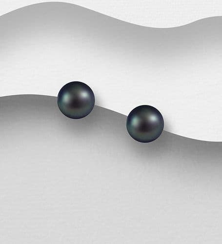Chic Sterling Silver Stud Earrings with 7-7.5mm AAA Freshwater Black Pearls