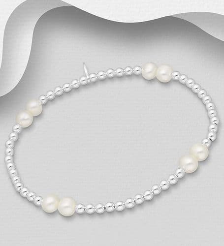 Elastic Bracelet Beaded with 925 Sterling Silver beads 4 mm and Freshwater Pearls 4 - 5 mm