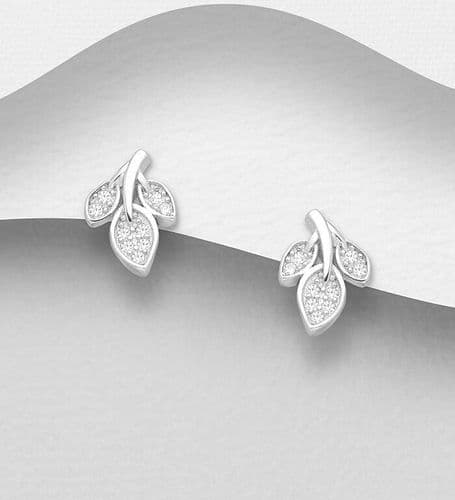 Elegant 925 Sterling Silver Leaf Stud Earrings with CZ Simulated Diamonds"