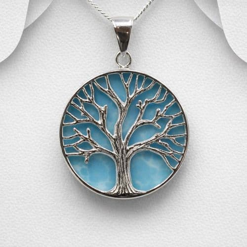 Exclusive 925 Silver Round Tree of Life Pendant & Chain Set with Light Blue Turquoise Stone Stone -