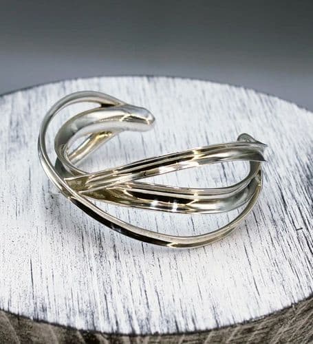 Exclusive 925 Sterling Silver Hand-Crafted Solid Cuff Bangle with Unique Cross-Over Design