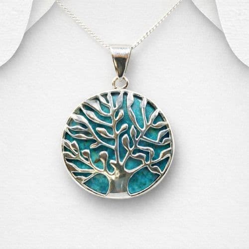 Exclusive 925 Sterling  Silver Round Tree of Life Pendant & Chain with Turquoise Stone -  Reversible