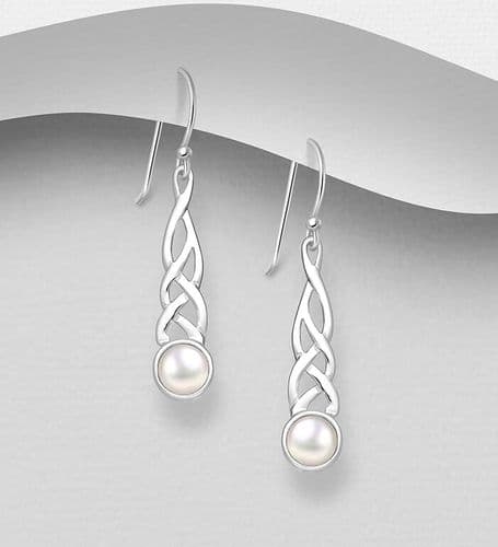 Exquisite 925 Sterling Silver Celtic Hook/Drop Earrings Adorned with Freshwater Pearls