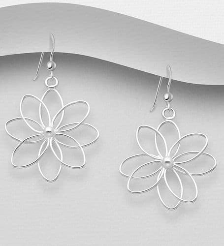 Exquisite Hand Crafted 925 Sterling Silver Flower Wire Hook/Drop Earrings