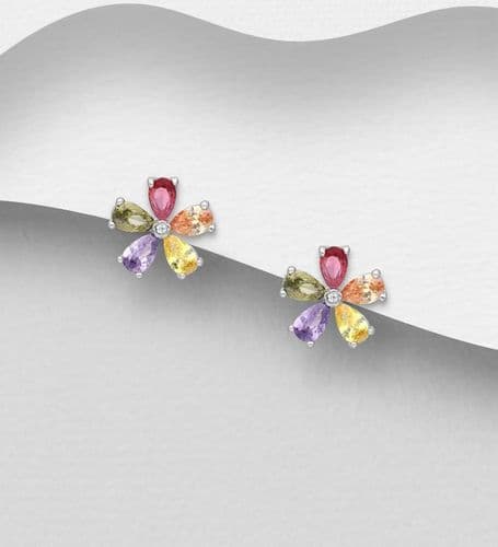 Flower Push-Back Earrings with Stunning CZ Simulated Diamonds in 925 Sterling Silver