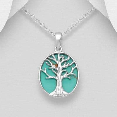 Hand Crafted 925 Sterling Silver Oval Tree of Life Pendant& Chain, Set With Turquoise Resin