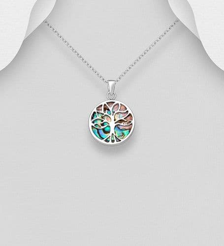 Hand Crafted 925 Sterling Silver Round Tree of Life Pendant & Chain Decorated With Abalone Shell