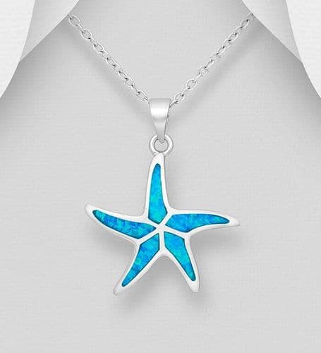 Hand made 925 Sterling Silver Starfish Pendant & Chain Adorned With Lab-Created Opal.
