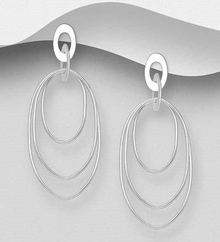 Handcrafted 925 Sterling Silver Triple Oval Stud-Back/Drop Earrings
