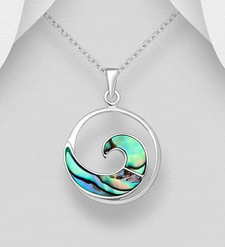 kilfully Hand-Crafted Wave Abalone Shell Pendant & Chain in 925 Sterling Silver