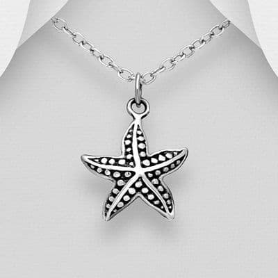 Smallish Hand‑Crafted 925 Sterling Silver Oxidized Starfish Pendant & Chain🪸