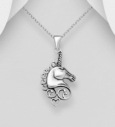 Sold 925 Sterling Silver Oxidized  Magical Unicorn Pendant & Chain Featuring Heart and Swirl