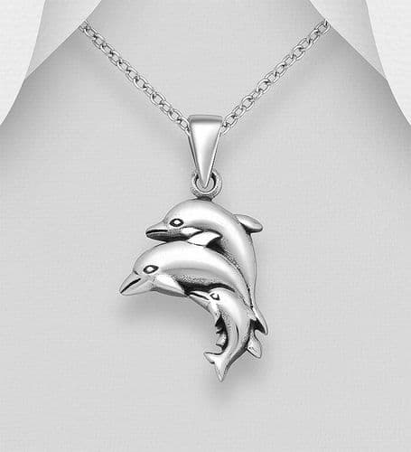 Solid 925 Sterling Silver Dolphin Family Pendant & Chain - So Cute