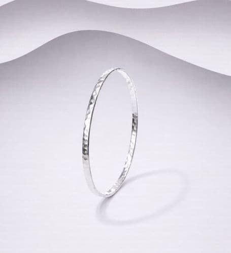 Solid 925 Sterling Silver Hammered Round Bangle - 5m Wide - 3 mm Thick