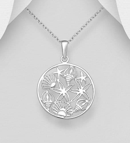 Solid 925 Sterling Silver Shell and Starfish Pendant & Chain