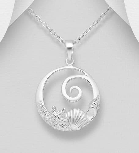 Solid 925 Sterling Silver Shell, Starfish and Wave Pendant & Chain