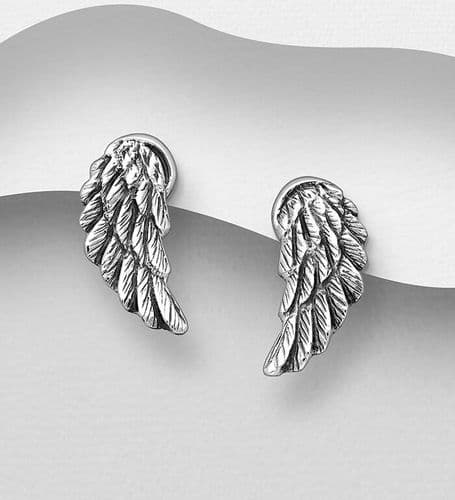 Solid Hand Crafted 925 Sterling Silver Oxidized Wings Push-Back/Studs Earrings