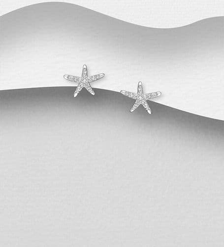 Sparkling 925 Sterling Silver Starfish Push-Back/Stud Earrings, Decorated with CZ Simulated Diamonds