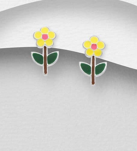 Sterling Silver Flower Jacket Earrings, Decorated with Coloured Enamel