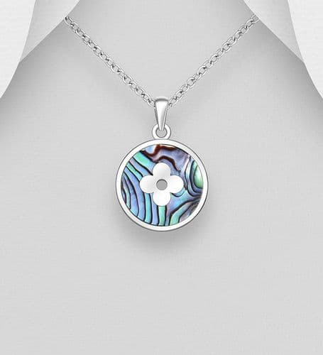 Stunning 925 Sterling Silver Clover Flower Pendant & Chain Adorned with Gorgeous Abalone Shell