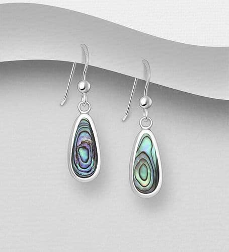 Stunning 925 Sterling Silver Oval Abalone Shell Hook/Drop Earrings