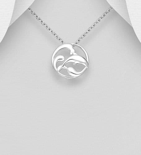 Stunning 925 Sterling Silver Oxidized Dolphin and Wave Pendant with Chain