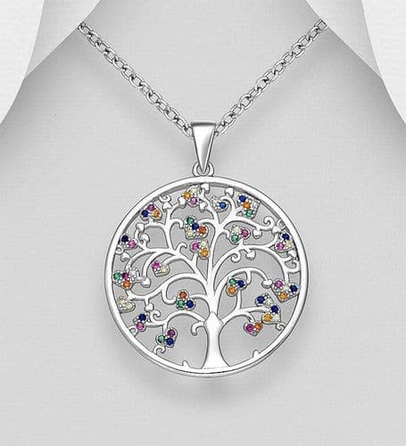 Stunning 925 Sterling Silver Round Tree of Life Pendant & Chain with a Rainbow Colourful CZ Stones