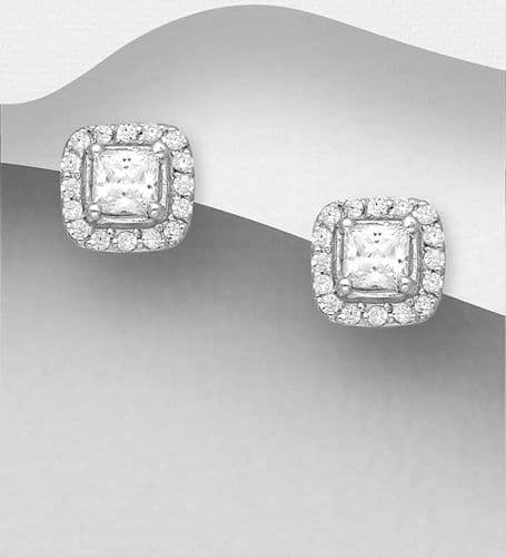 Stunning 925 Sterling Silver Simulated Diamonds Square Cluster Stud Earrings