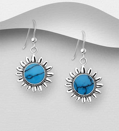Sunflower Design Sterling Silver Earrings featuring Blue Resin Detail