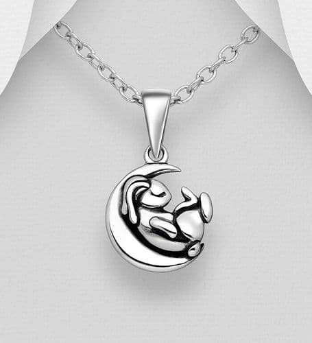 Tiny Moon and Rabbit Pendant & Chain, 925 Sterling Silver, Oxidized.