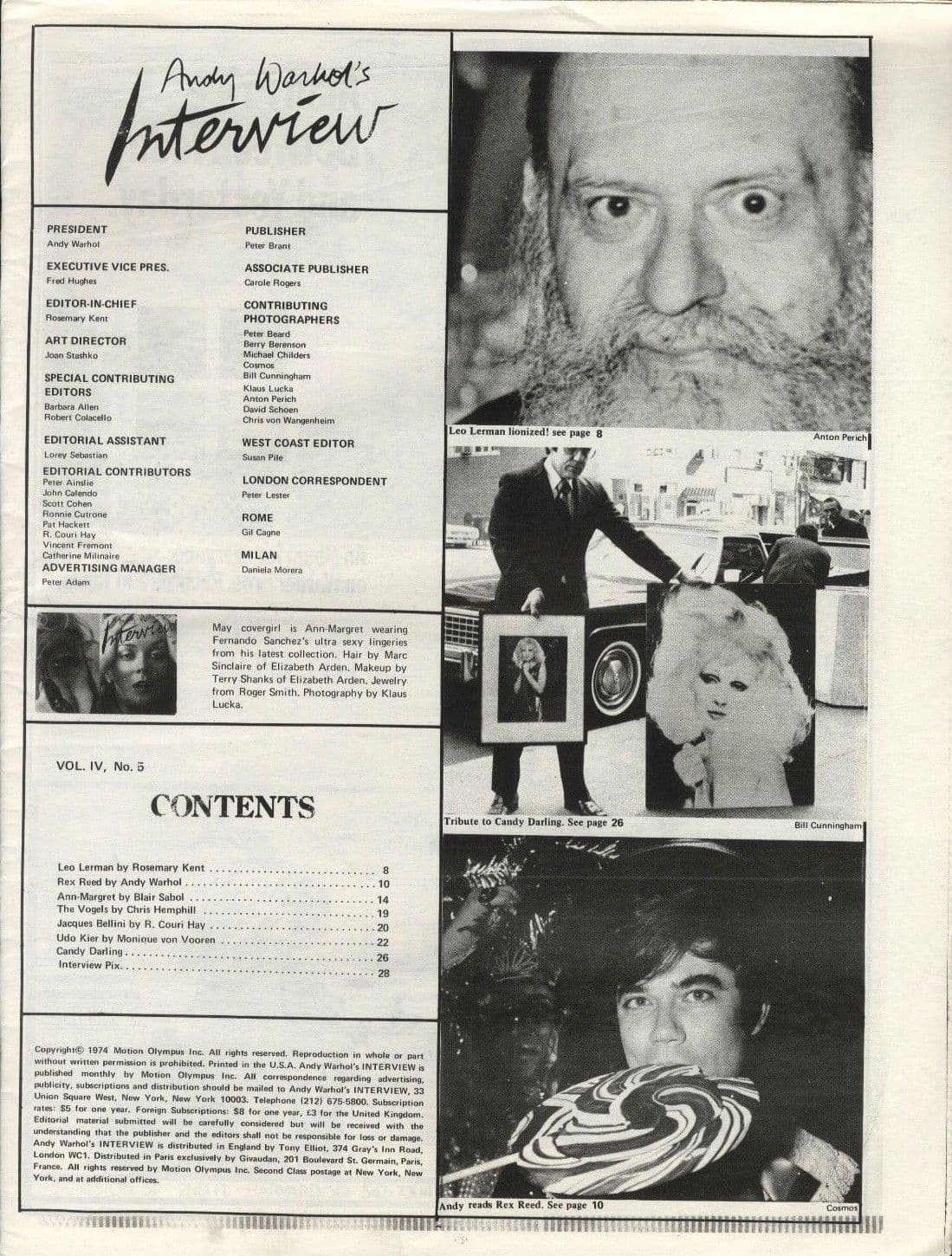 Andy Warhol s Interview May 1974 Candy Darling Rex Reed AnnMargret Udo