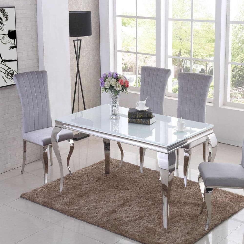  JP DT840 Dining table160cm (White Glass) & JP CH250 Plush Velvet Grey Chairs By Jesse plana