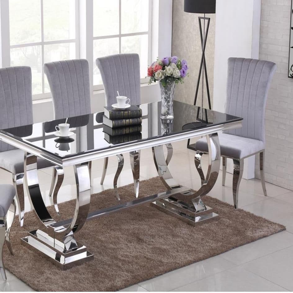  JP DT840 Dining table180cm (Black Glass) & JP CH250 Plush Velvet pewter Chairs By Jesse plana