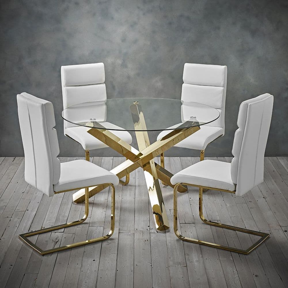 AXE 134 Glass Dining table Round   & AXE 109 White Chairs From Denelli