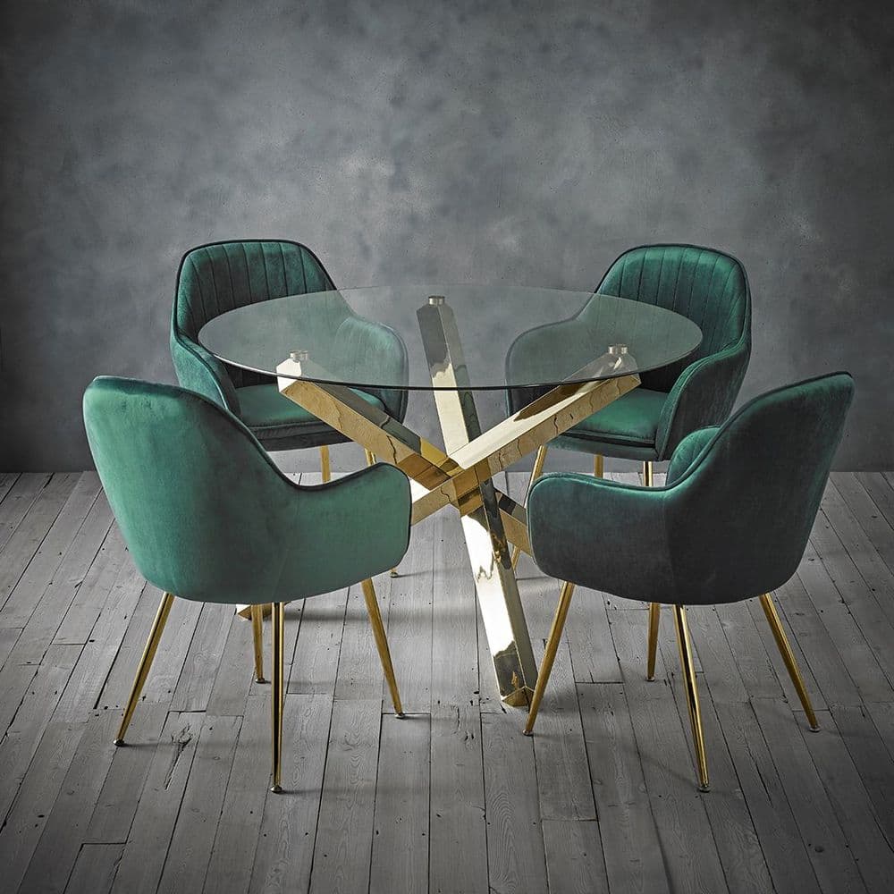 AXE Glass Dining table Round   &  AXE Chairs Blush Velvet Green From Denelli
